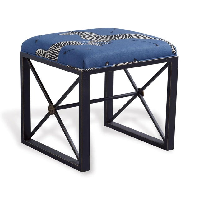 American Scalamandre Maison by Port 68 Medallion Black with Zebra Blue Left Facing Bench For Sale - Image 3 of 3