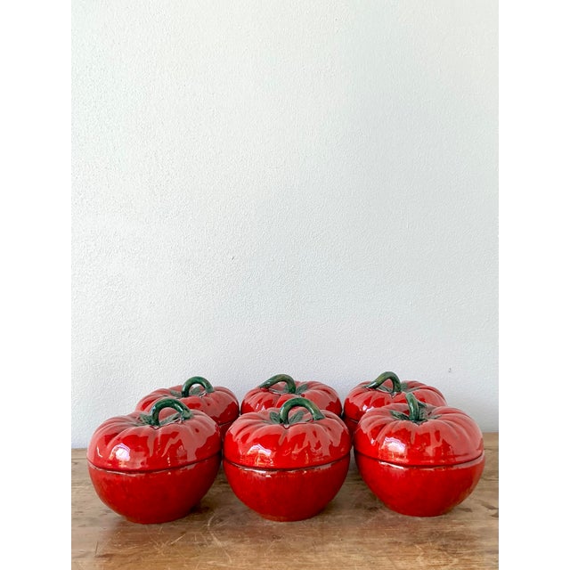 Vintage 1960s Italian Glazed Ceramic Tomato Lidded Bowls - Set of 6 For Sale In West Palm - Image 6 of 11