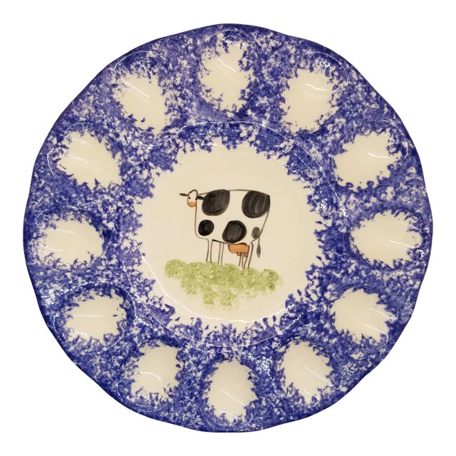 Vintage Molly's Cows Blue by Molly Dallas Deviled Egg Platter, Marked For Sale