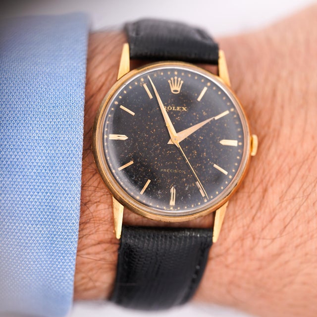 1950s Rolex Speckled Gold Dial 33mm 18k Gold Precision Leather Watch For Sale - Image 12 of 12