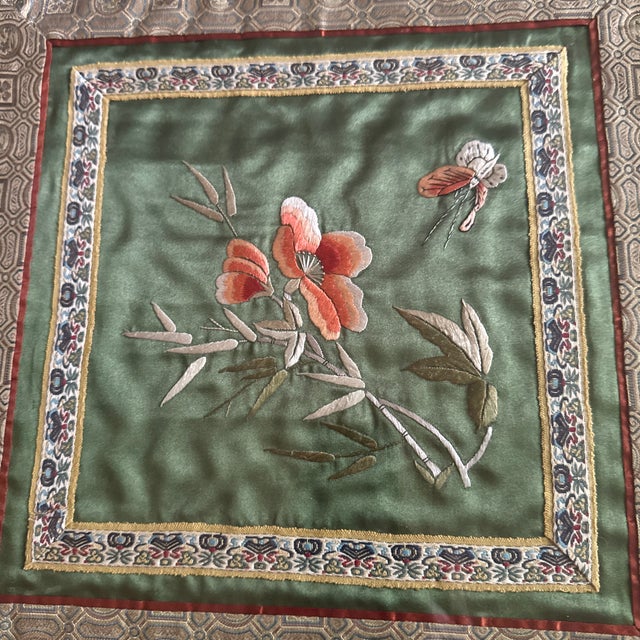 Vintage Asian Embroidered Silk Tapestry -Butterfly and Flowers Professionally Framed. Beautiful.