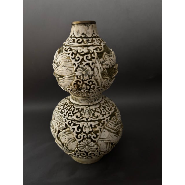 Vintage Chinese Style Carved White Cinnabar Resin Double Gourd Vase Faux Ivory For Sale - Image 4 of 8