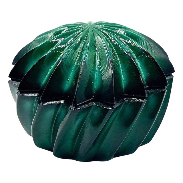 1920s Czech Art Deco Green Malachite Marbled Art Glass Trinket Box For Sale