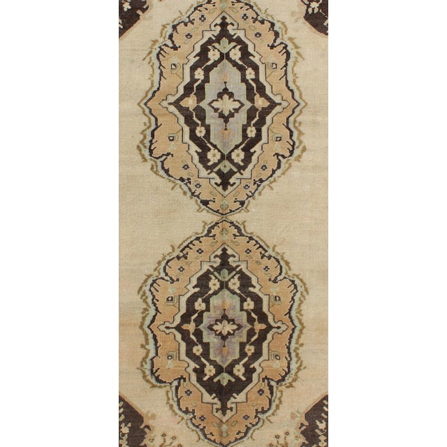 Vintage Turkish Oushak Gallery Rug With Two Medallions in Taupe, Brown and Cream For Sale - Image 4 of 10
