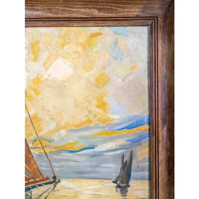 Yellow Mid-Century Modern Abstract Impressionist Nautical Painting of a Sailboat, Signed For Sale - Image 8 of 16