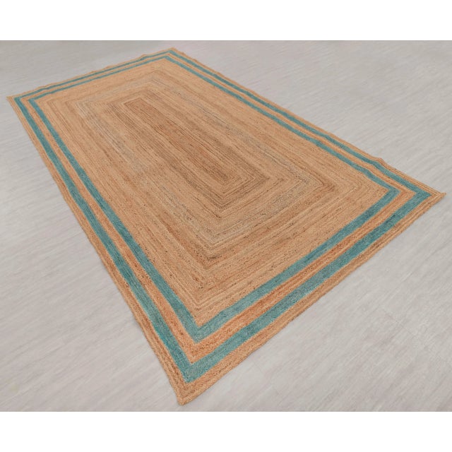 Textile Turquoise Blue Double Border Rectangle Jute Handmade Rug 3'x5' Ft. For Sale - Image 7 of 13