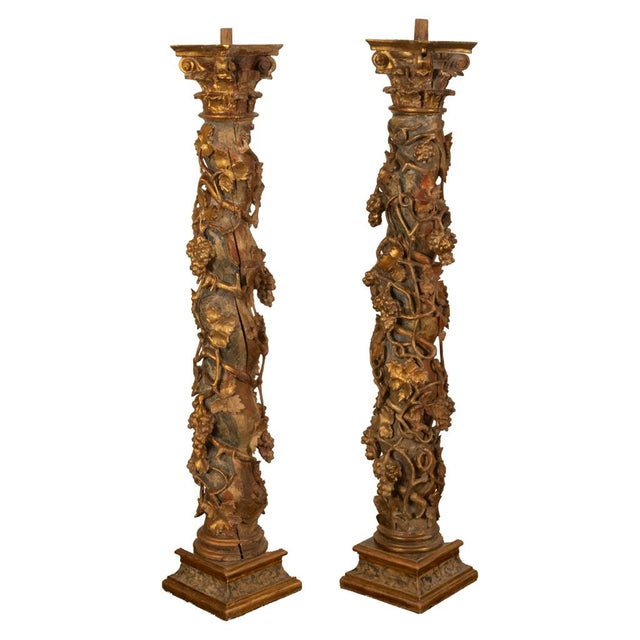 A fine and rare pair of Italian Baroque carved giltwood and polychrome-painted Solomonic columns, late 17th century, circa...
