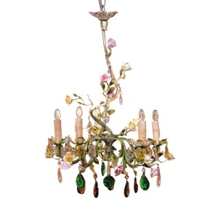 Early 20th Century French Floral Porcelain and Crystal Five-Light Chandelier For Sale