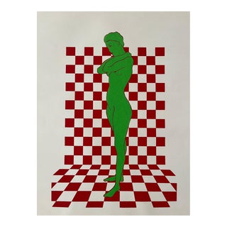 1970s Silkscreen "Woman on Checkered Background Red & Green" For Sale