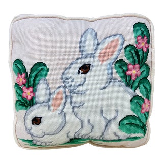 Vintage Preppy Needlepoint Bunny / Rabbit Pale Pink Silk Accent Pillow For Sale