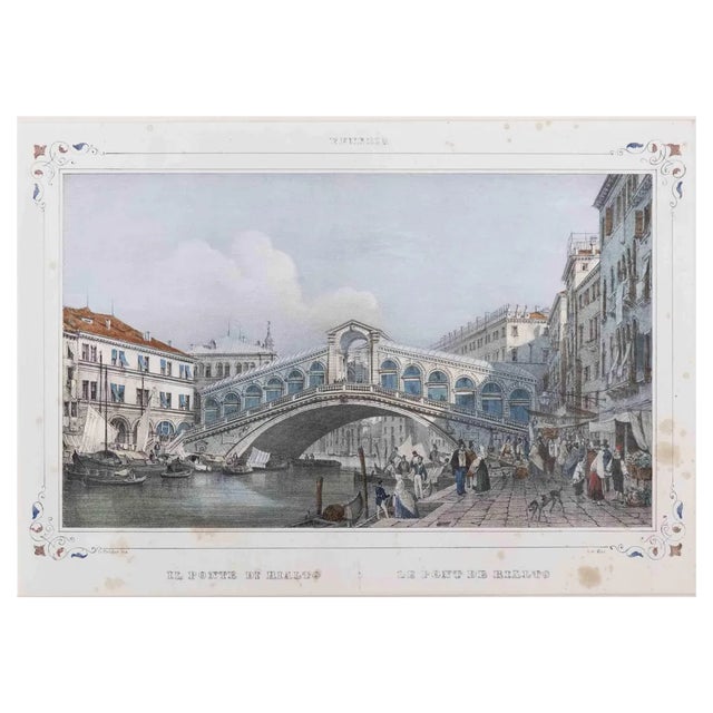 Giuseppe Kier, The Rialto Bridge, Lithograph, 19th Century For Sale
