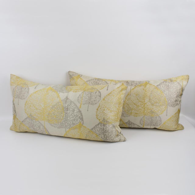 Contemporary Silver Gray and Yellow Damask Throw Pillows, a pair For Sale - Image 3 of 10