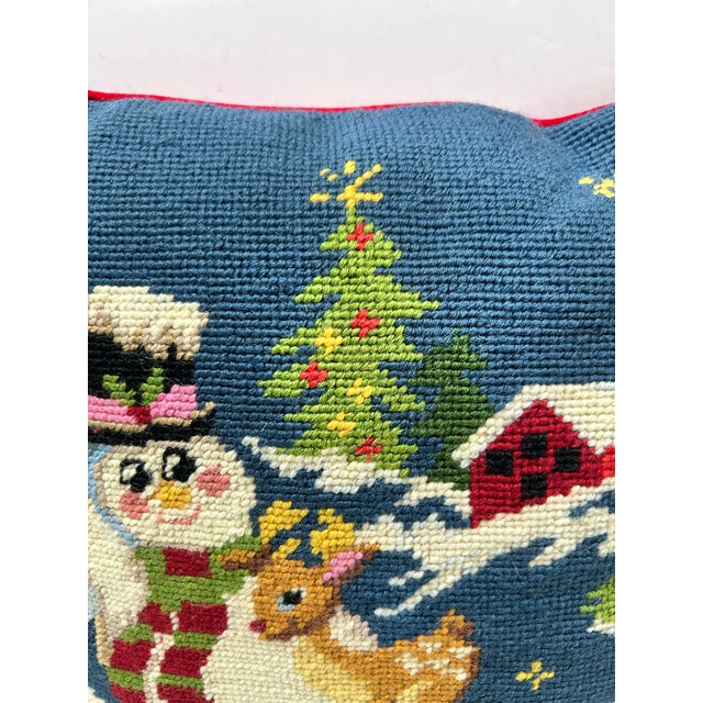 Needlepoint Christmas Pillow, Snowman & Reindeer, 1991 Peking Handicraft For Sale - Image 4 of 8