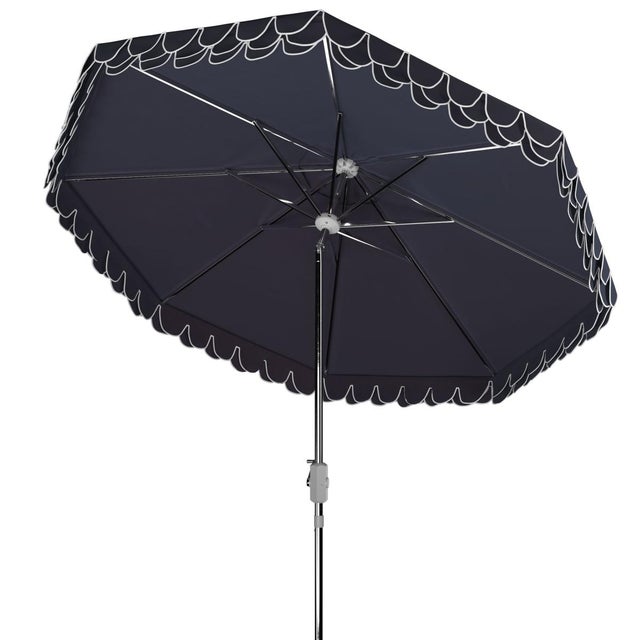 2020s Elegant Valance 9Ft Round Umbrella, Navy With White Trim/Chrome Pole For Sale - Image 5 of 7