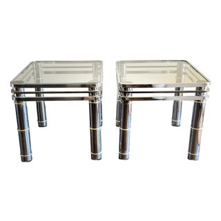 1960s-1970s Romeo Rega Pair of Vintage MCM Chrome & Brass Glass Side Tables For Sale