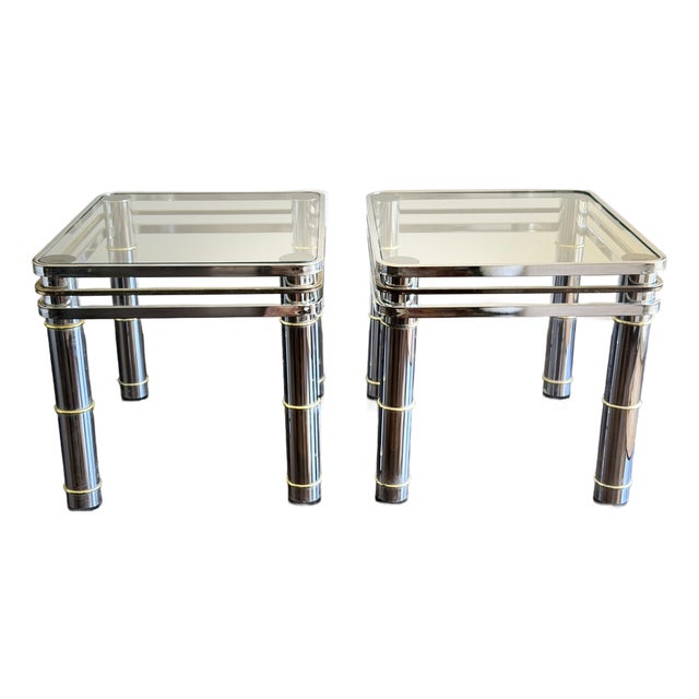 1960s-1970s Romeo Rega Pair of Vintage MCM Chrome & Brass Glass Side Tables For Sale