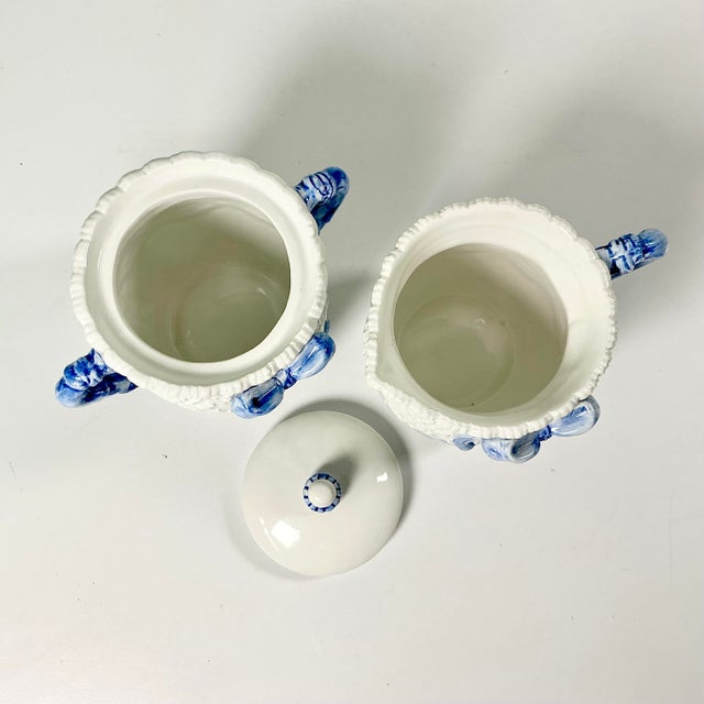1980s Vintage Chippendale Hollywood Regency French Blue Ribbon & Bow Creamer and Covered Sugar Bowl - 2 Piece Set, After Fitz & Floyd For Sale - Image 11 of 13