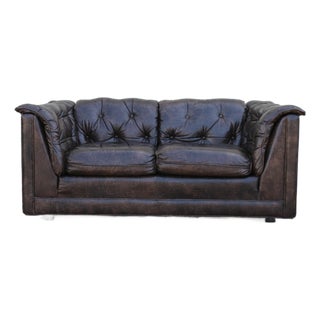 Vintage 1970s Leather Chesterfield Loveseat Sofa | Tufted Brown Leather Couch | Classic Club Style For Sale
