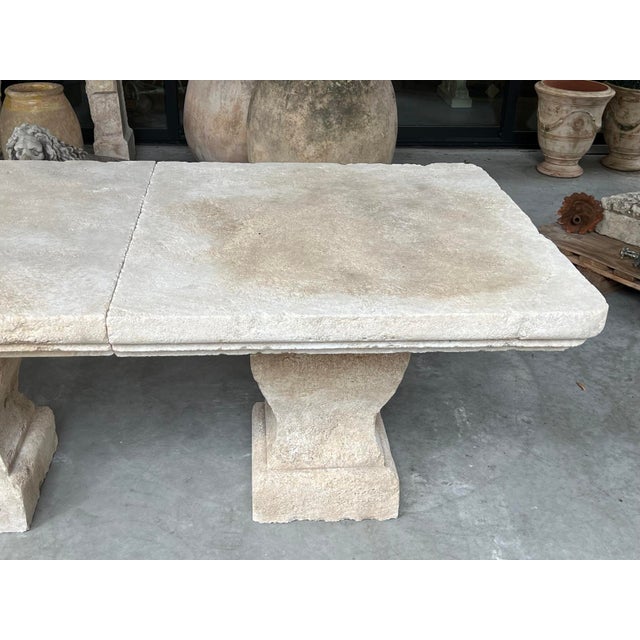 Authentic Hand Carved 3-Pedestal Limestone Garden Table From Provence, France For Sale - Image 15 of 18