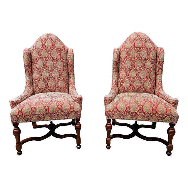 Pair of Vintage Custom Made William and Mary Style Wingback Chairs For Sale
