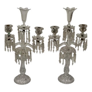 Vintage Pair 14" Modular Crystal 3-Light Candelabras Threaded European Lead Crystal Complete With Prisms For Sale