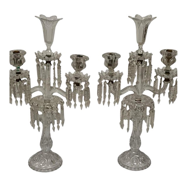 Vintage Pair 14" Modular Crystal 3-Light Candelabras Threaded European Lead Crystal Complete With Prisms For Sale