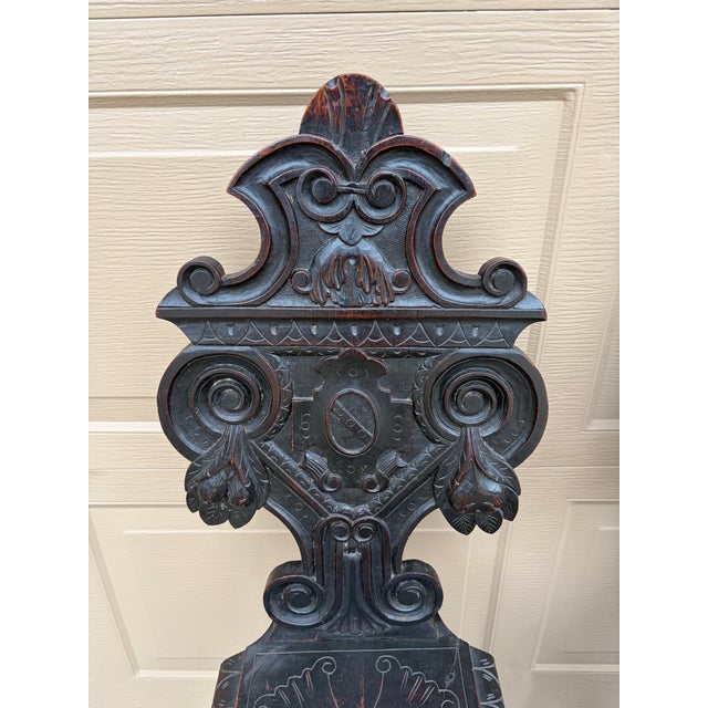 Wood Antique 19th Century Italian Renaissance Carved Walnut Hall Chairs, Pair For Sale - Image 7 of 14