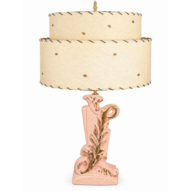 1950s Mid-Century Modern Pink and Gold Swirl Leaf Ceramic Table With Matching Original 2 Tiered Fiberglass Shade With Matching Gold Leave For Sale - Image 12 of 12