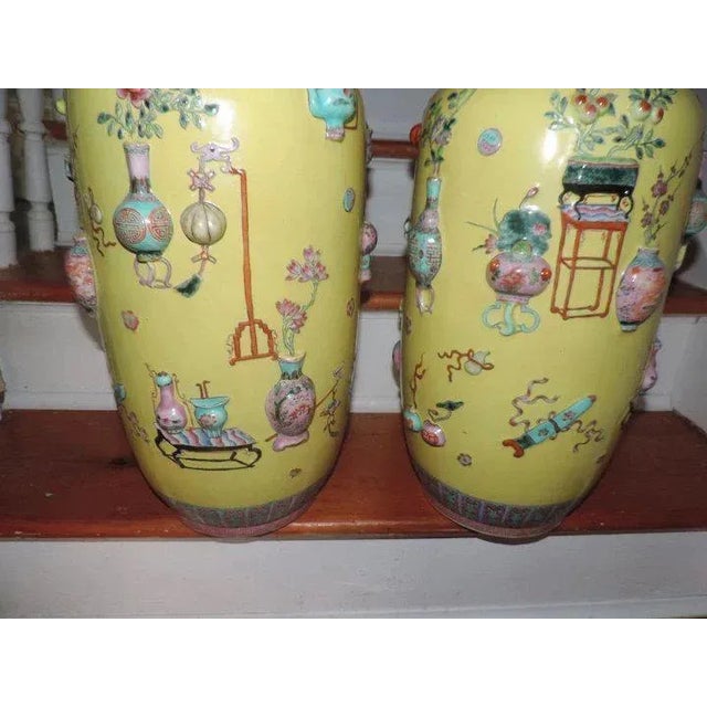 Ceramic Large 19th Century Chinese Porcelain Yellow Rouleau Vases in Famille Jaune Glaze - a Pair For Sale - Image 7 of 11
