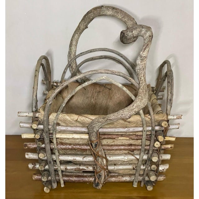 Wood Handmade Woven Twig & Palm Husk Basket Freeform Branch Handle For Sale - Image 7 of 12