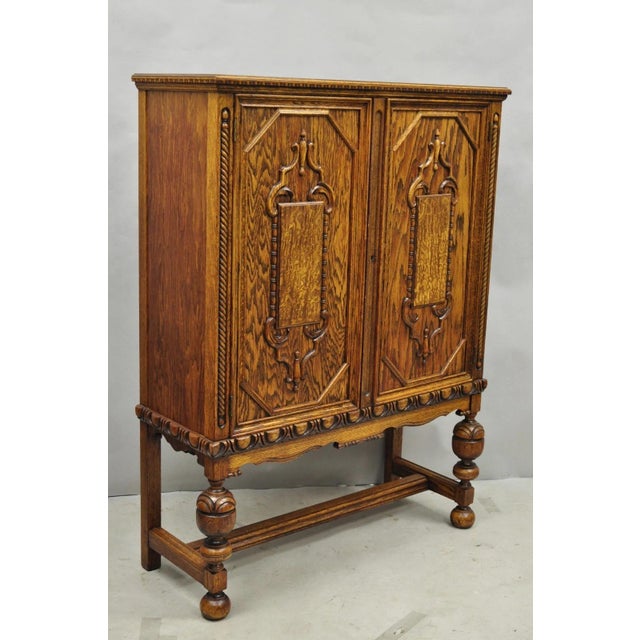 Antique Jacobean Renaissance Tudor Oak Carved 2 Blind Door China Cabinet Bookcase Cupboard with 2 Adjustable Wooden...