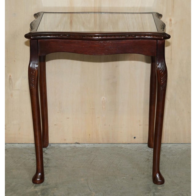 Vintage Gold Leaf Embossed Nesting Tables with Brown Leather Tops, Set of 3 For Sale - Image 16 of 18