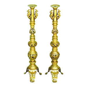 Early 20th Century Large Chinoiserie Brass Floor or Alter Candlesticks, a Pair
