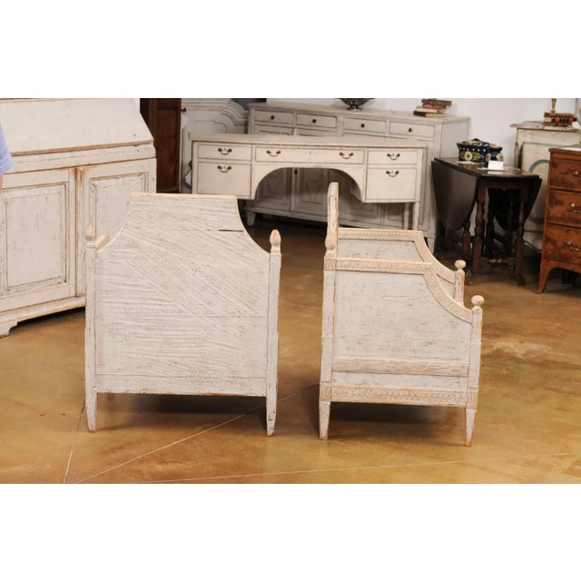 Light Gray Neoclassical Style 1850s Gray Painted and Carved Armchairs with Guilloches, Pair For Sale - Image 8 of 12