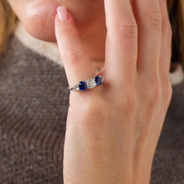 This exceptional Edwardian five-stone ring is a beautifully balanced jewel from the 1910’s, centered by an old mine cut...