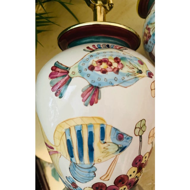 Mid 20th Century Vintage Hand Painted Coastal Fish Lamps - A Pair For Sale - Image 5 of 8
