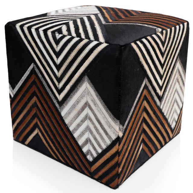 2020s Handmade Chevron Cowhide Leather Ottoman Pouf 18x18x18 in Graphic Statement For Sale - Image 5 of 12