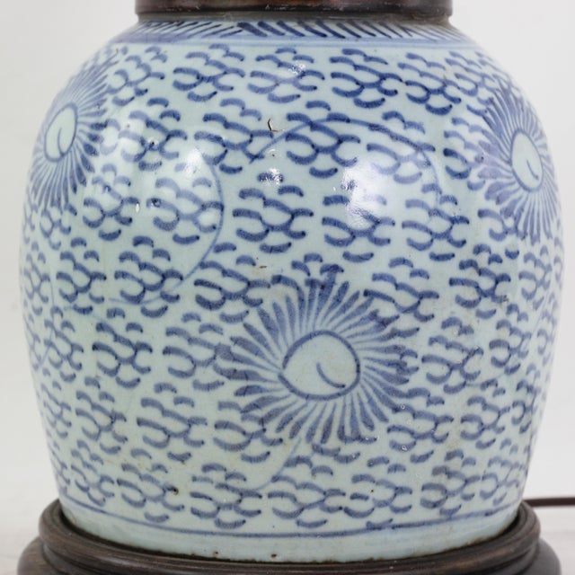 Ceramic Blue and White Antique Porcelain Vase Lamp With Cobalt Scalloped Cloud Motif on Wood Base For Sale - Image 7 of 12