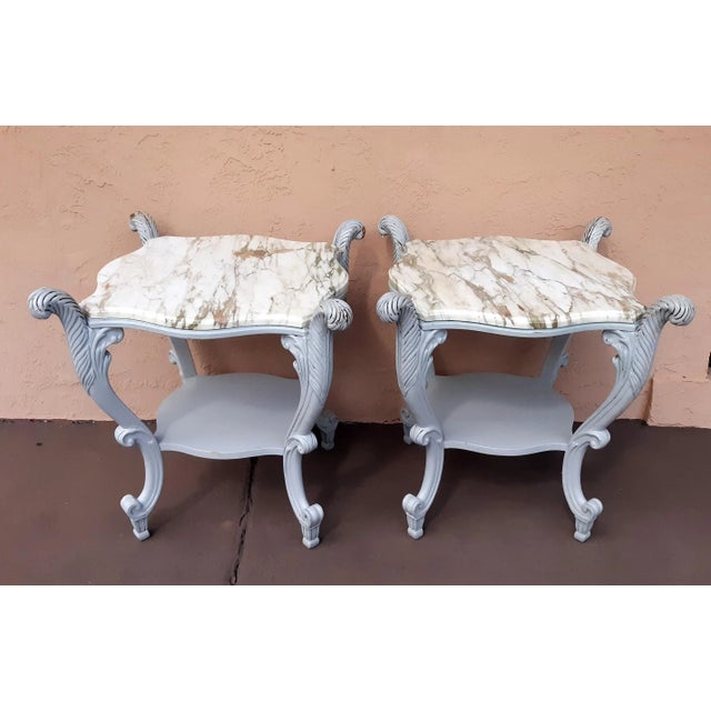 Antique, Art Nouveau, Shabby Chic Marble Top Tables. Beautiful wood base form with hand carved plume designs in each...