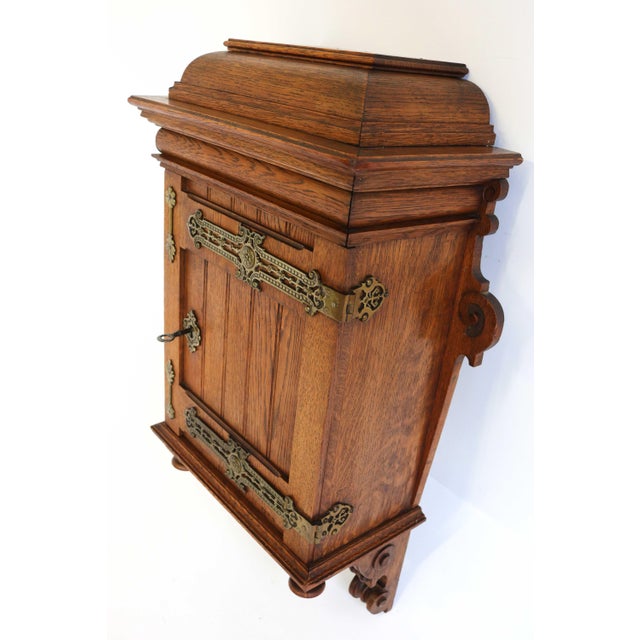 Arts & Crafts Hand-Carved Oak Wall Cabinet with Brass Details, 1900s For Sale - Image 13 of 18