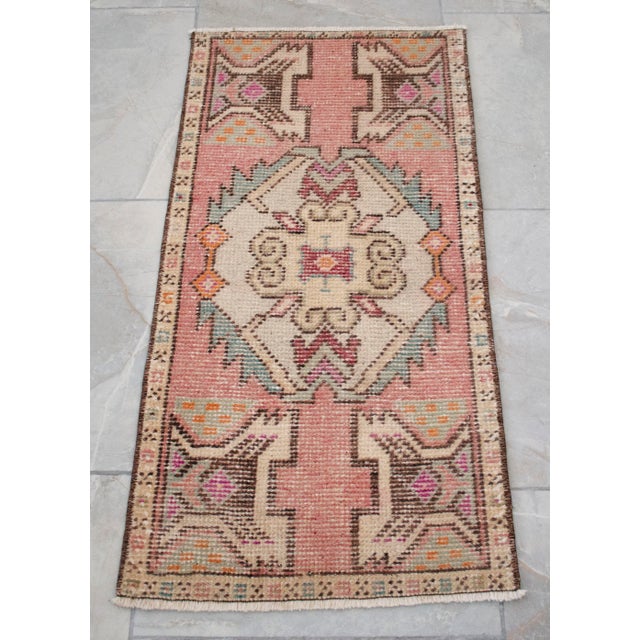 Vintage Hand Knotted Small Turkish Rug 1970s Entry Mat Kitchen Laundry Decor Boho Doormat 17"x34" For Sale - Image 4 of 10