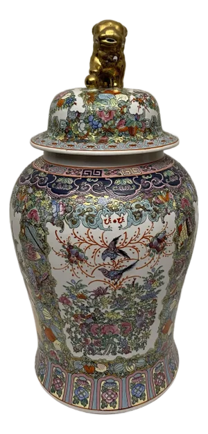 Large Hand-Painted Famille Rose Chinese Temple Jar With Lid