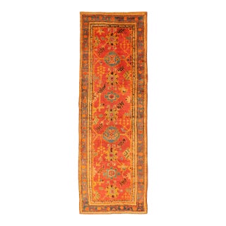 Red and Light Blue Wide Antique Turkish Oushak Gallery Runner For Sale
