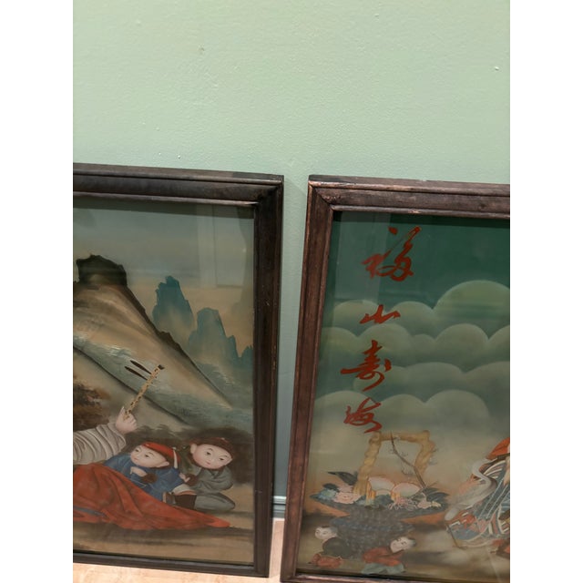 Pair of Extra Large Chinese Reverse Glass Paintings — Republic Period, Circa 1938–1946 — Longevity & Domestic Harmony For Sale - Image 11 of 13