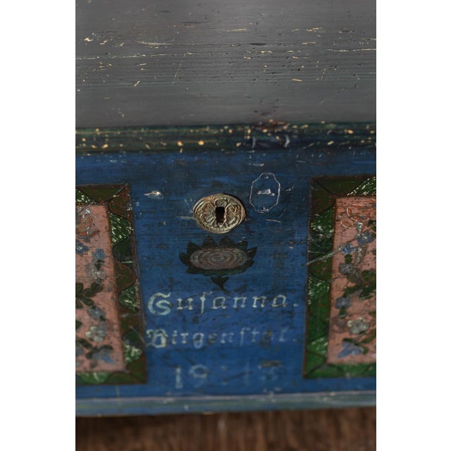 Antique Hand Painted Chest in Blue With Floral Motifs For Sale - Image 11 of 18