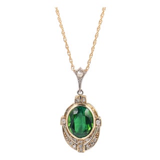 1910s Edwardian Tourmaline Diamond 14k Gold Two Tone Pendant Necklace For Sale