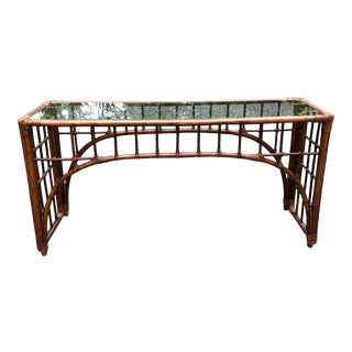 Vintage Coastal Rattan and Brass Console Table For Sale