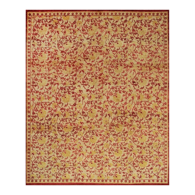 8x10 Celia Unique Ivory Floral Guard Stripe Modern Hand Knotted Afghan Wool Rug For Sale