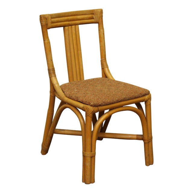 Vintage Bamboo Style Rattan Chair With Tweed Seat For Sale