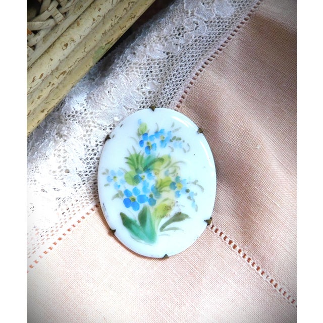 Antique Art Nouveau 1910-1920's hand-painted Porcelain Dogwood Flower Oval Brooch with Lovely Blue Summer Flowers and...